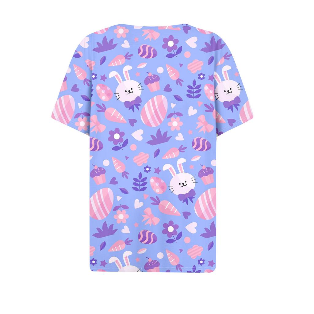 Women's Casual Print V-Neck Short Sleeve Decorative Button T-Shirt Top