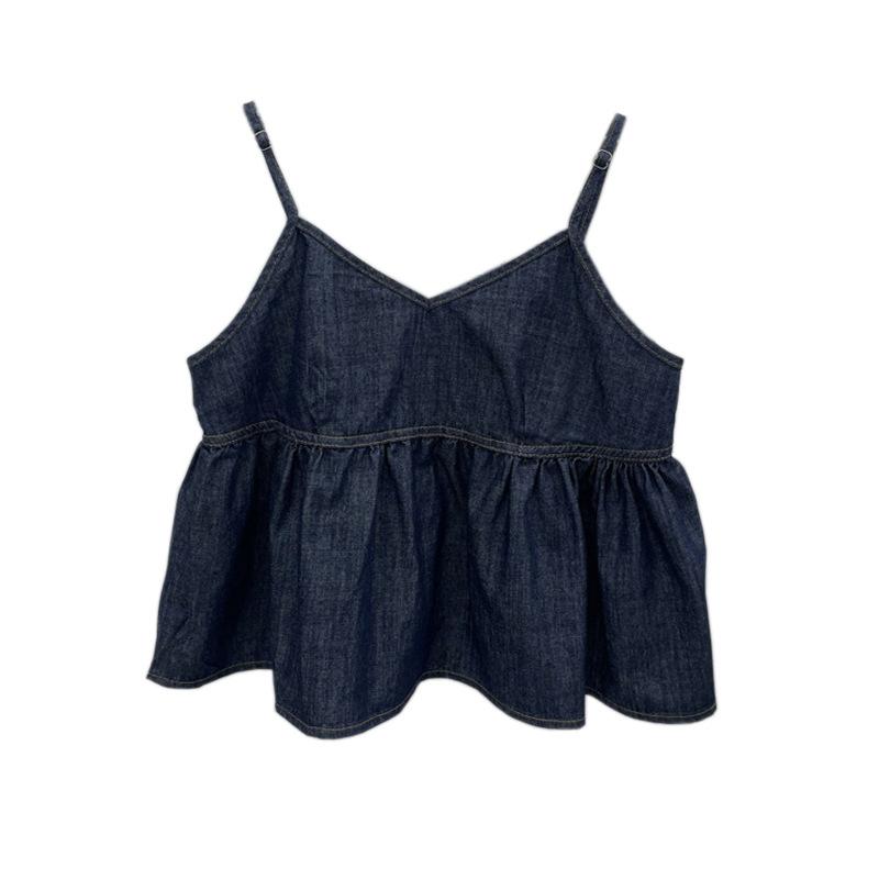 Стильный жилет, элегантность, мода, повседневный, темный деним, V-образный вырез, майка, женская, многослойная, летняя, с оборками, свободная внутренняя короткая безрукавка