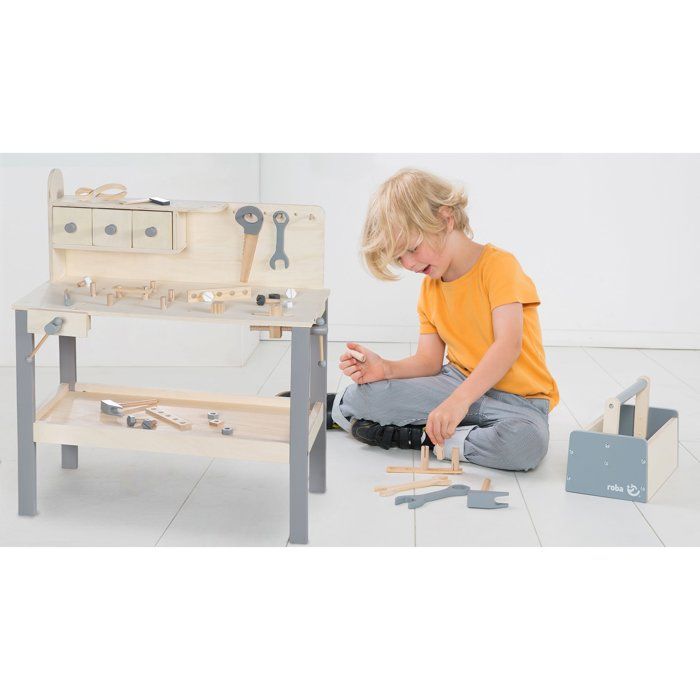 Grand établi en bois pour enfant - ROBA - Avec Kit d'outils - Grand plan de travail - Étagere