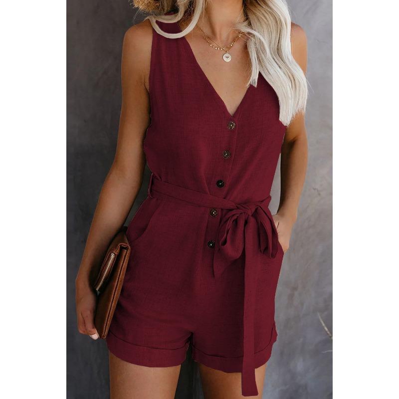 Solid Color One-piece Pants Women 2 Summer Casual V-neck Bow Women's Five-point Shorts