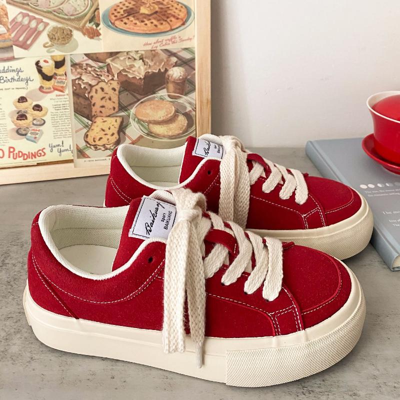 2024 Spring and Autumn Fashion Versatile Deep Mouth Lace Up Round Toe Increased Thick Sole Vulcanized Women's Shoes