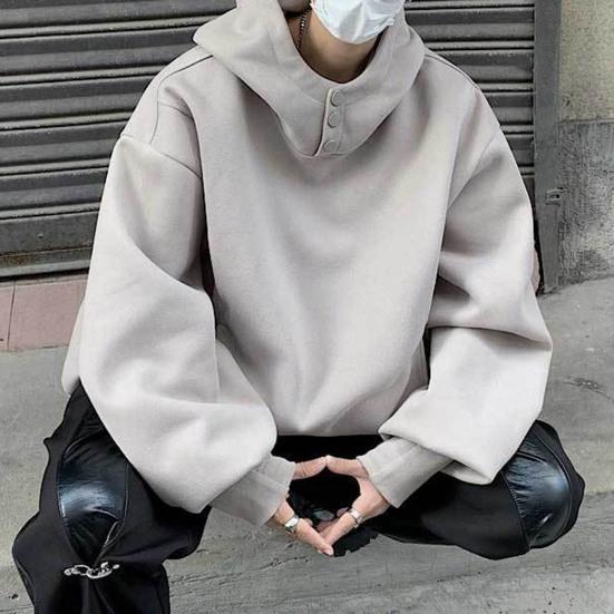 Fall Winter Men Hoodie with Big Pockets Buttoned Hood Loose Elastic Cuff Warm Pullover Mid Length Hip Hop Solid Color Top for Sport Daily Wear