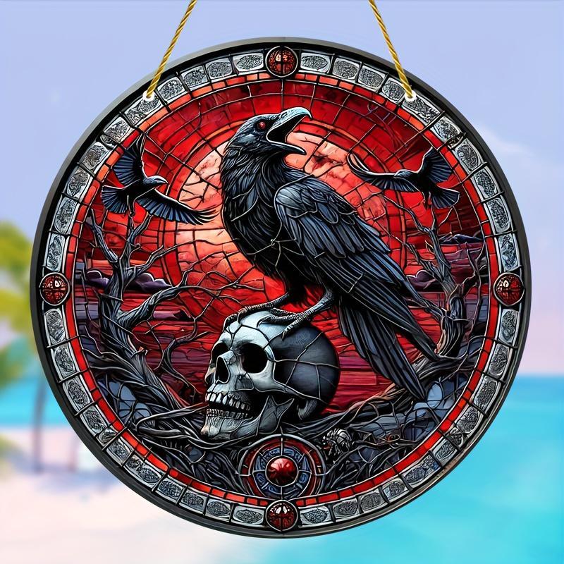 Crow Suncatcher 8"x8" - красочное искусство черепа для окон и стен, идеально подходит для любого сезона, декор крыльца и сада, идеальный подарок, украшения на Хэллоуин