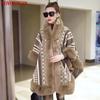 Oversize Big Collar Shawl Coat Winter Women Batwing Sleeves Faux Rabbit Fur Loose Out Street Wear Capes Printed Striped Cloak