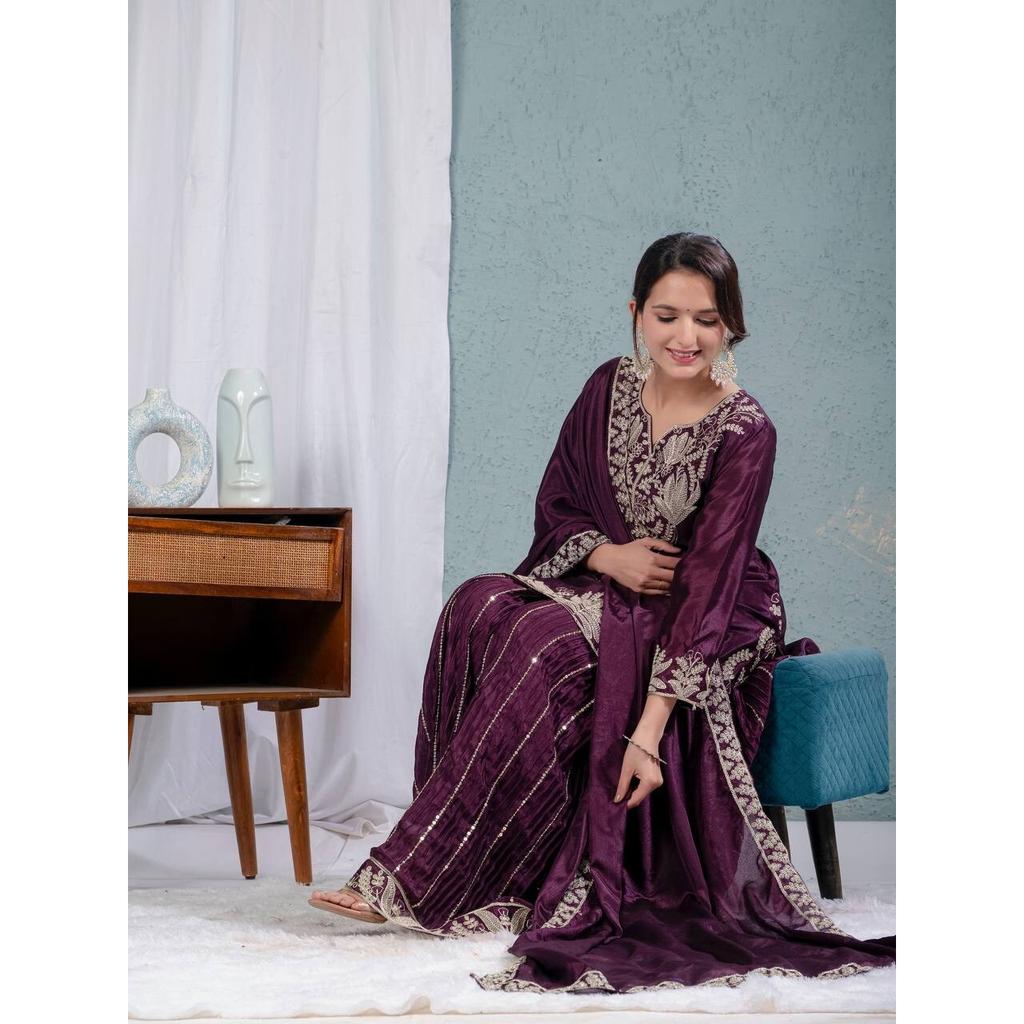 INDIAN PAKISTANI CHINNON SILK SHARARA SALWAR KAMEEZ SET WOMEN PARTY WEAR ETHNIC VFP-1884a