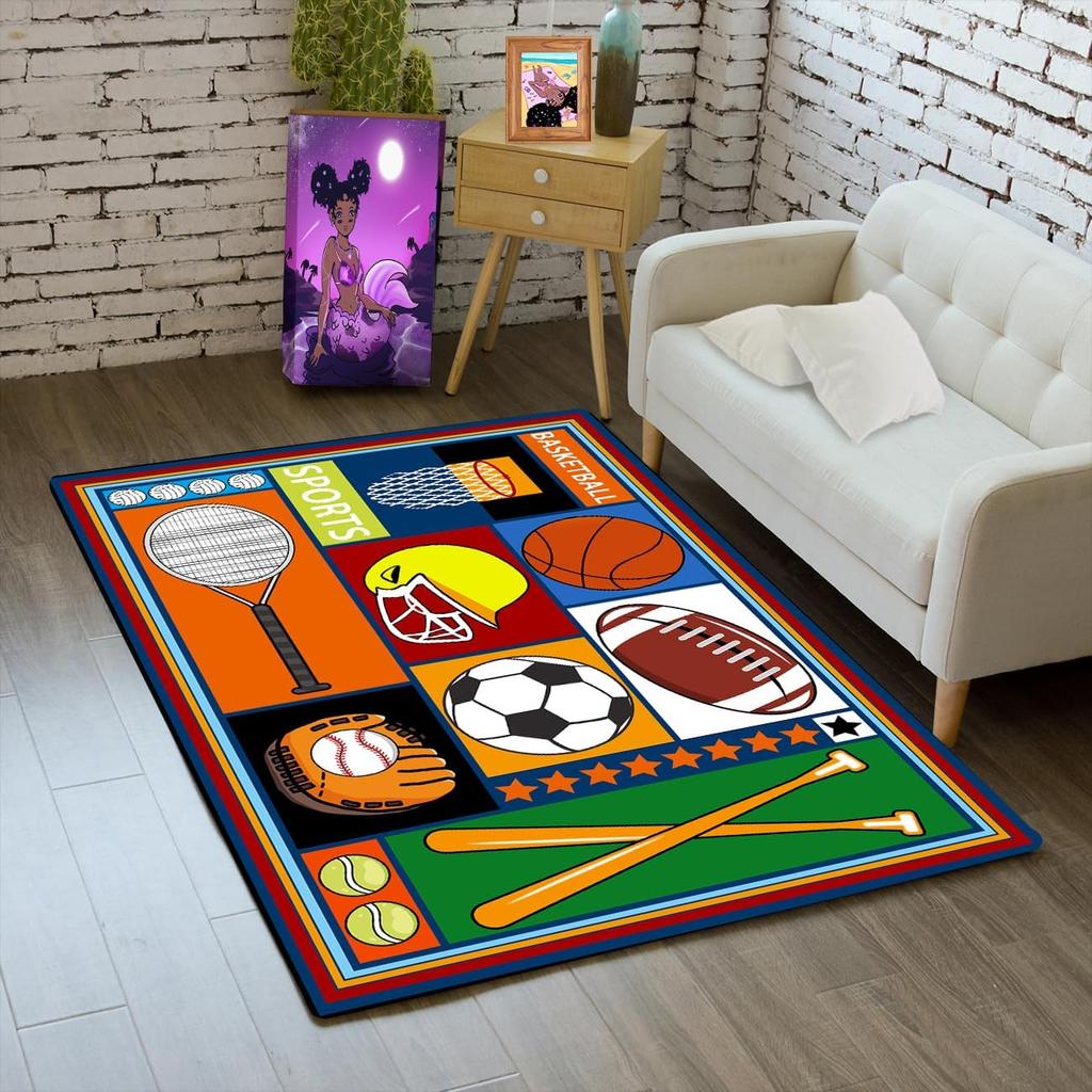 Basketball Rug for Boys Bedroom Kids Football Carpet Water Fire Sports Rugs for Boys Bedroom Baseball, Soccer Rug for Playroom