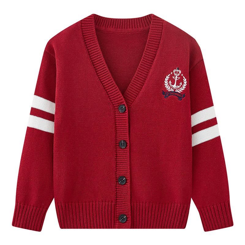 Вязаный кардиган с V-образным вырезом и вышивкой для детей среднего и старшего возраста, куртка с длинными рукавами, весенне-осенний хлопковый вязаный кардиган для мальчиков и девочек