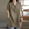 Breathable Linen Tunic for Women Burgundy Short Sleeve V-Neck Half Button Casual Loose