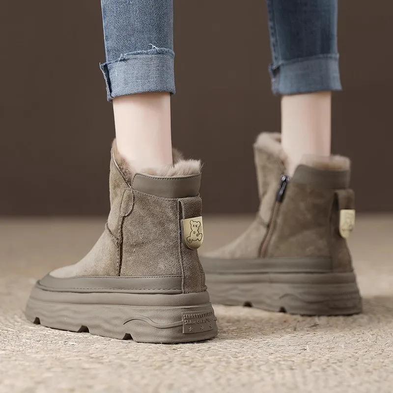 2024 Лидер продаж зимних женских хлопковых зимних ботинок с флисом и толстой подошвой из меха и матовой кожи, теплые женские ботильоны