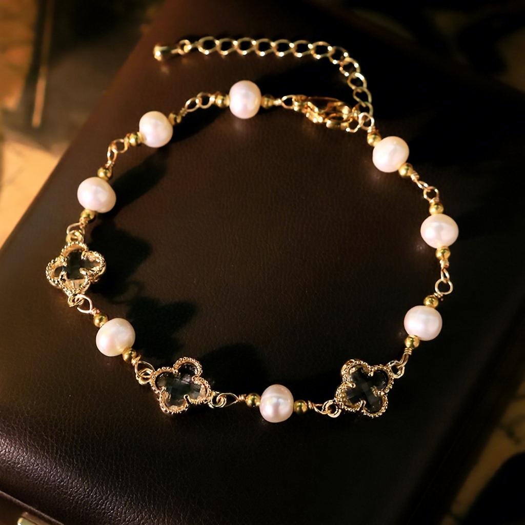 Natural Pearl Four Leaf Clover Tungsten Beads Women's Light Luxury Elegant All-Match High-End Bracelet Jewelry