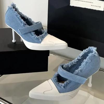 Мода 2025 Новые Дизайнерские Джинсовые Туфли на Высоком Каблуке Женская Мода Тонкий Высокий Каблук Туфли для Платья Сексуальный Бренд Острый Носок Лодочки Женские Zapatos De Mujer