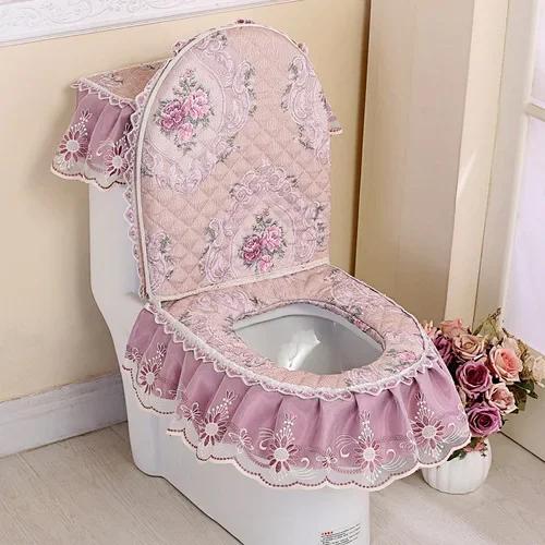 Декор из кружевной ткани с принтом Коврик для унитаза из трех частей Большая юбка Подол Чехол на сиденье для унитаза с молнией Пылезащитный чехол для унитаза