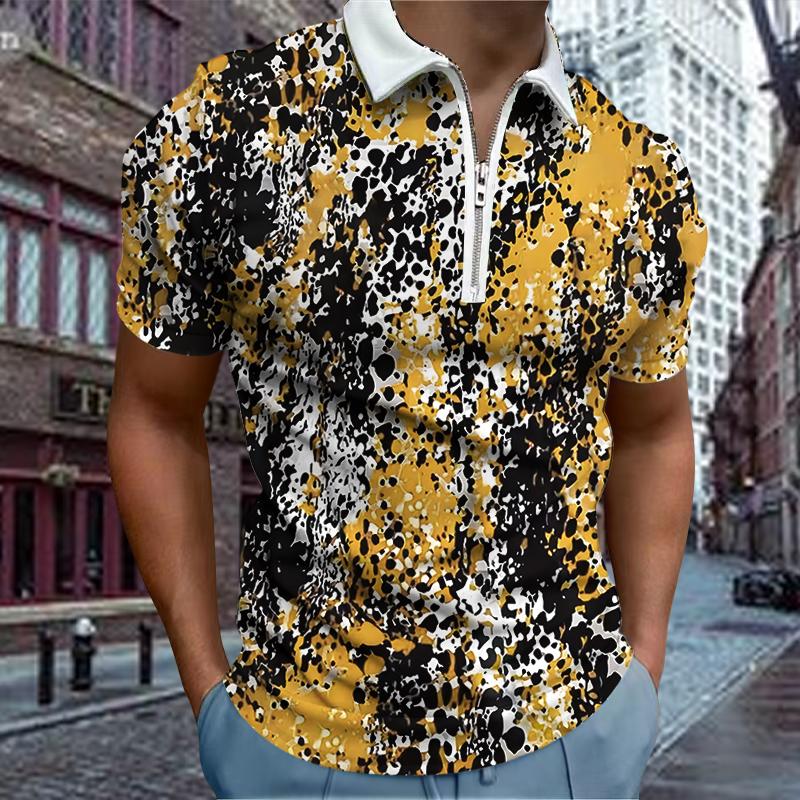 Casual Lapel T-shirt Young Men's Fashion Zipper T-shirt Short Sleeve T-shirt Men's 3D Cross Print T Shirt