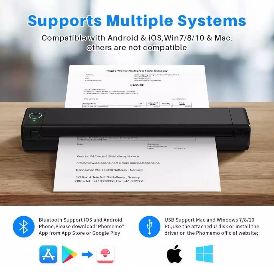 Портативный бытовой термопринтер для бумаги формата А4 с подключением по Bluetooth для ПК/телефона, мобильный принтер формата А4 + 200 шт. бумаги для печати