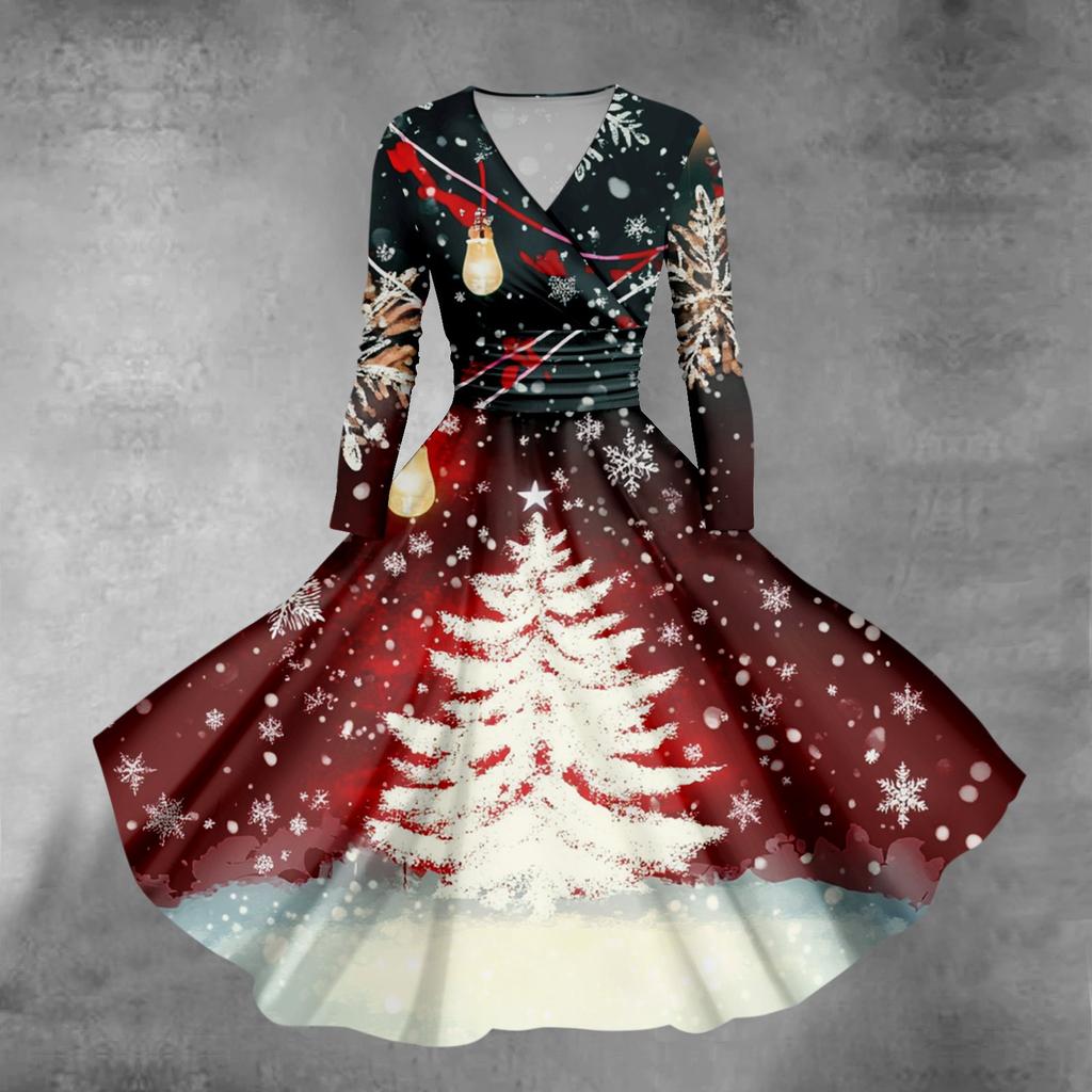Women's Christmas Tree Snowflake Print V-Neck Slim Fit Long Sleeve Swing Dress