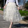 Women Midi Skirt Elastic High Waist Floral Embroidery Print Mesh Skirt Double Layered Tulle Large Hem A-Line Skirt