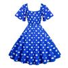 Women Evening Dress Retro Color Matching Dot Print A-line V Neck Big Swing Short Ruffle Sleeves Tight High Waist Back Zipper Party Prom Midi Dress