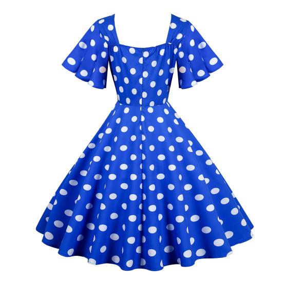 Women Evening Dress Retro Color Matching Dot Print A-line V Neck Big Swing Short Ruffle Sleeves Tight High Waist Back Zipper Party Prom Midi Dress