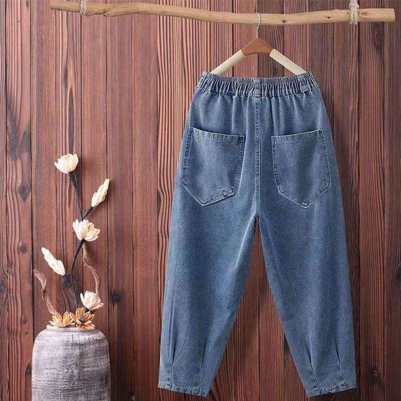 Women Summer Large Size High Waist Casual Trousers Loose Thin Jeans Denim Cropped Pants
