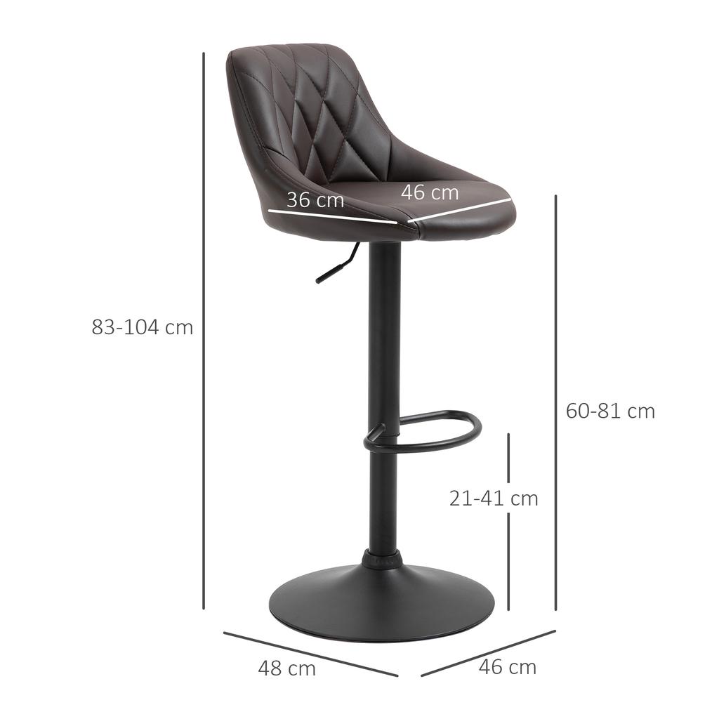 Set of 2 Adjustable Bar Stools with Backrest and Footrest, Metal Base and Faux Leather Seat, 46x48x83-104 cm, Brown and Black