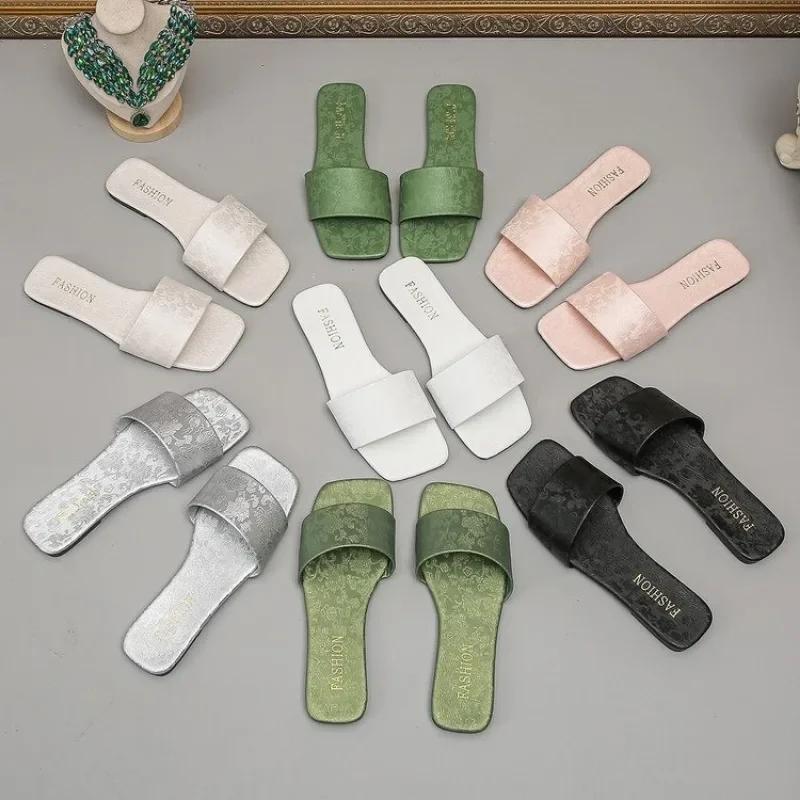 Обувь для женщин, лидер продаж, женские тапочки с квадратным носком, летние, с открытым носком, однотонные, повседневные, пляжные, большого размера, удобные тапочки