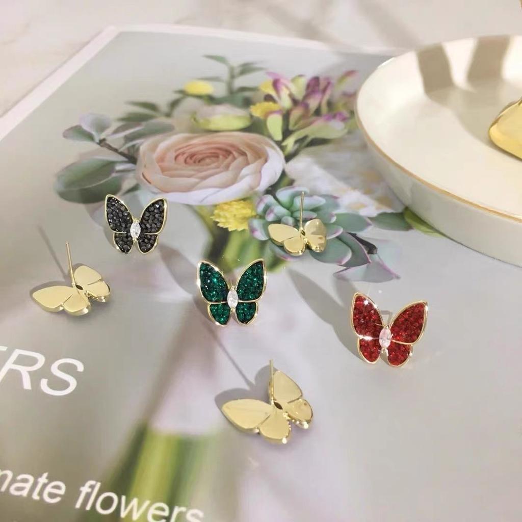 Korean exquisite micro-inlaid zircon stud earrings, full zirconium butterfly earrings, sapphire blue-green earrings, high-end silver needles.