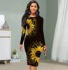 Long Sleeve Waist Tight Office Slim Fit Sun Flower Printing Elegant Bodycon Dress