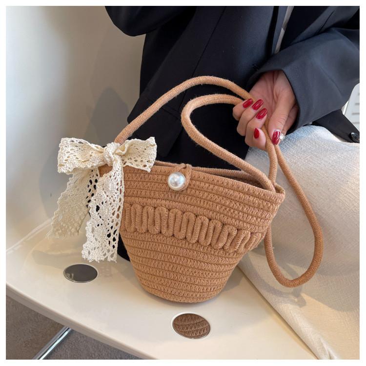 Solid Bow Decoration Color Children Woven Shoulder Bag For Summer Use Daily