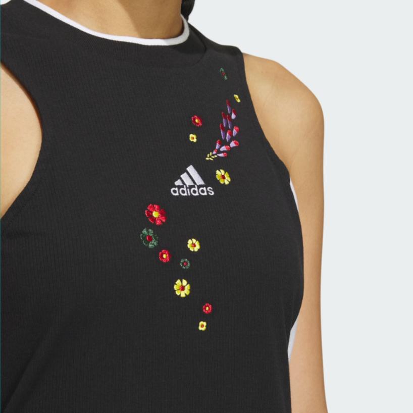 adidas X Shuting Qiu с цветочной вышивкой и цветными блоками, облегающее прямое платье миди, женские платья без рукавов, черный, белый цвет IM8442