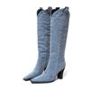Blue Jeans Boots Ladies Fashion Chunky Heel Western Cowboy Boots 2024 New Square Toe Slip-on Knee-length Boots Women Long Boots