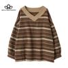 Female Korean  New Fall Winter Striped Color Collision V-neck Lazy Wind Head Loose High-end Sweater