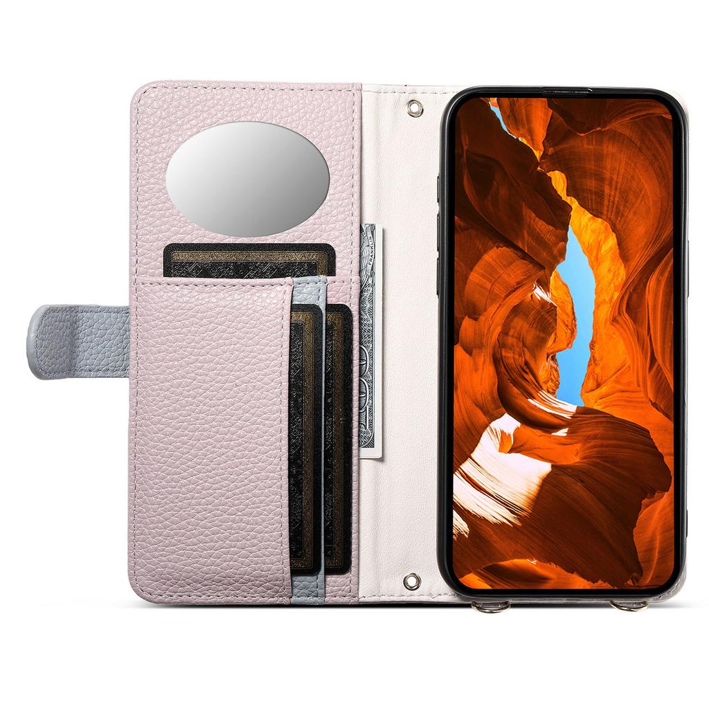 ESEBLE E11 For iPhone 17 Pro Max Case Zipper Pocket Litchi Texture Leather Phone Cover with Mirror and Wrist Strap