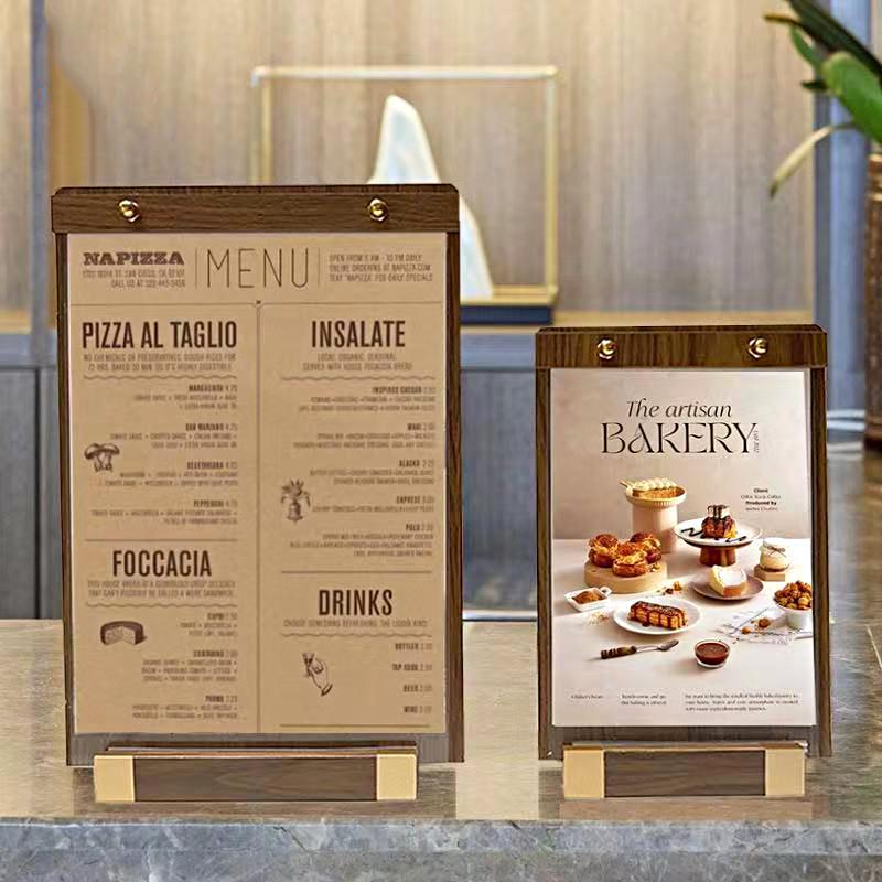1 шт. Прозрачная панель Доска для отображения цены Основа из орехового дерева Ресторан Палатка Держатель для вывесок Вывески с металлической отделкой Ужин A4 A5 A6