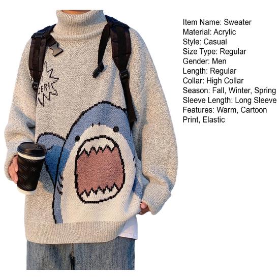 Мужской зимний свитер с высоким воротником и защитой шеи с длинными рукавами, толстый вязаный теплый свободный осенний свитер с мультяшным принтом акулы для школы