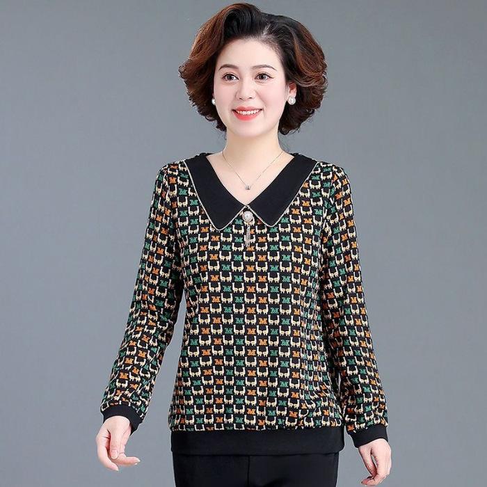 Весеннее платье для мам среднего возраста с кукольным воротником, футболка в иностранном стиле, маленькая рубашка, свободный топ с длинными рукавами в иностранном стиле для женщин среднего и пожилого возраста