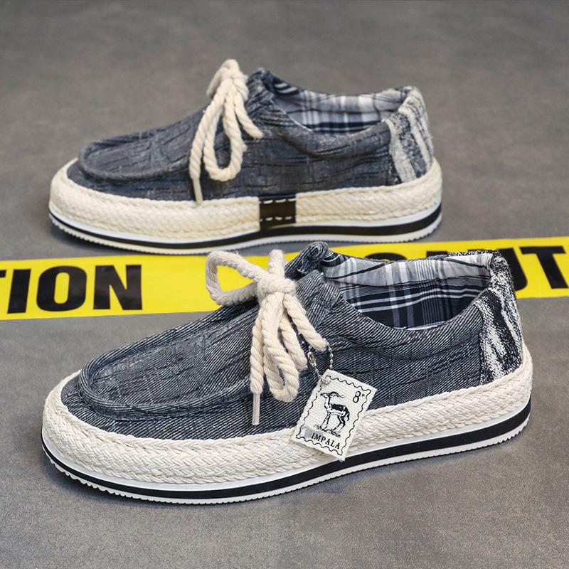 Men's Shoes Summer Washed Denim Board Shoes Student Hip Hop Korean Version Casual Flat Canvas Shoes Straw Fisherman Shoes