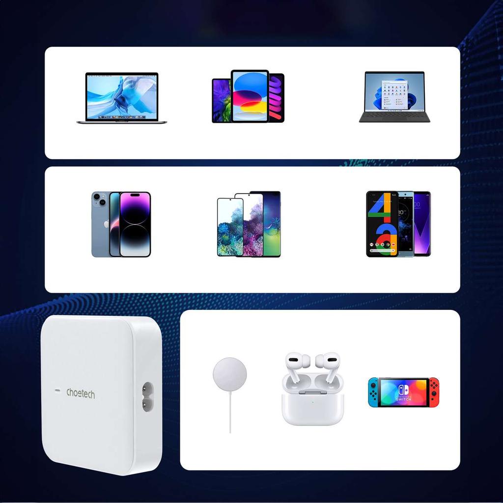 Choetech PD8008 100W GaN Fast Charger, Dual USB-A & USB-C Ports - White