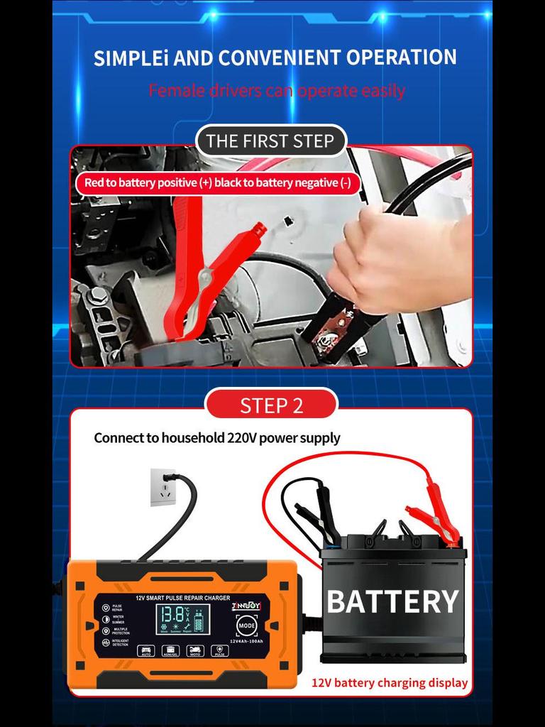 Интеллектуальное зарядное устройство для аккумуляторов 12 В с импульсным дисплеем для мотоциклов и автомобилей