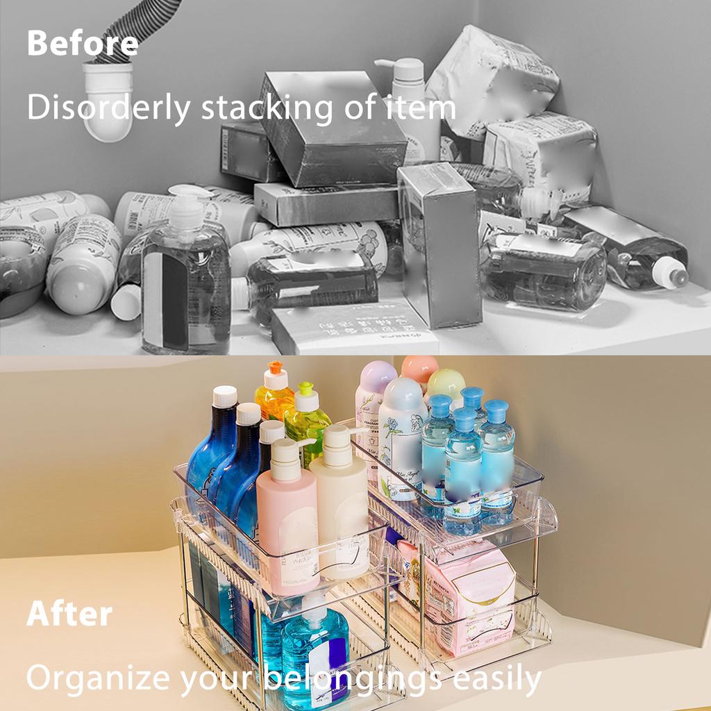 2 Pack Clear Bathroom Organizers 2 Tier Pull Out Multi Purpose Plastic Drawer Storage for Under Sink Kitchen