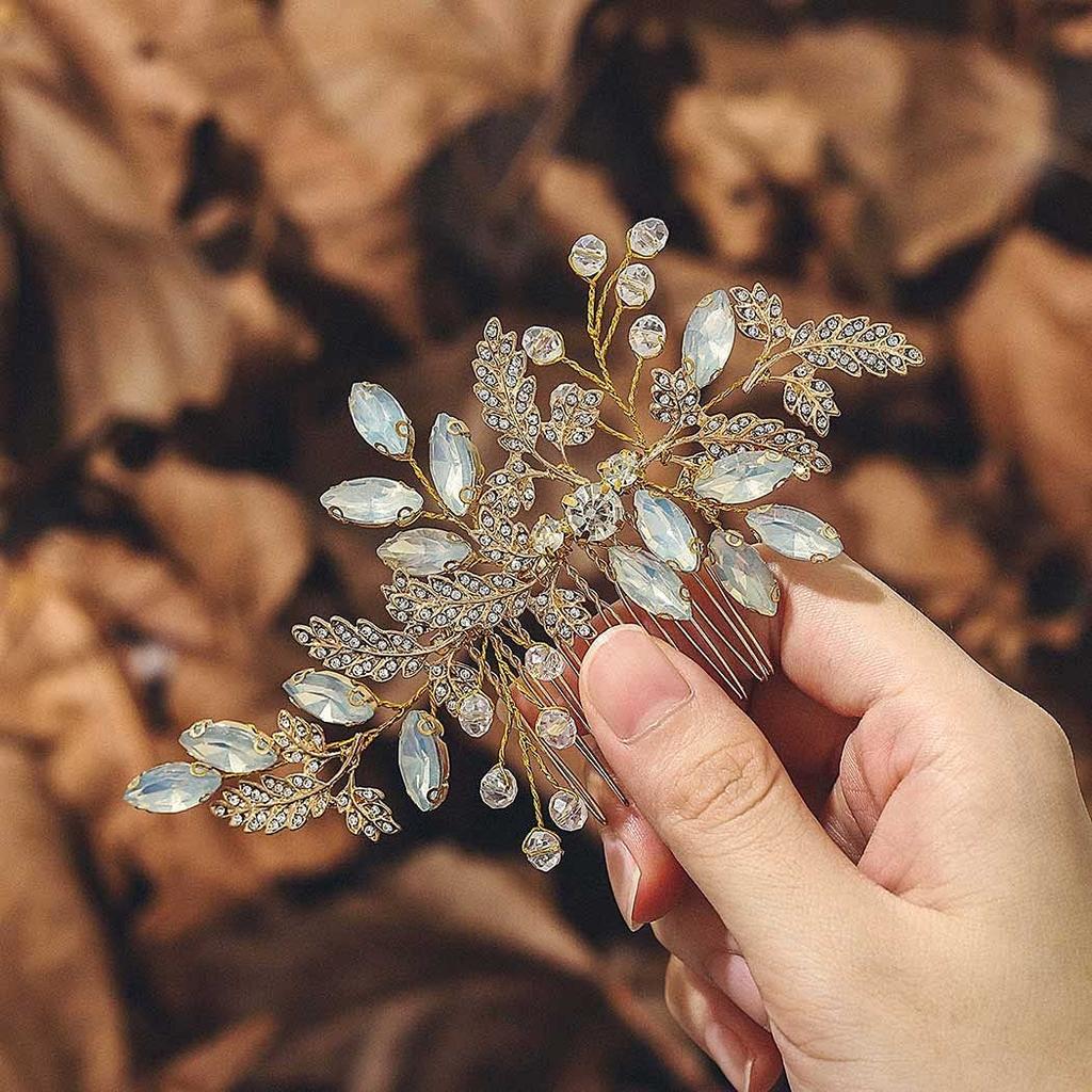 JEAIRTS Leaf Wedding Hair Comb Rhinestone Bridal Headpiece Opal Bridal Crystal Hair Accessories for Women(1-Gold)