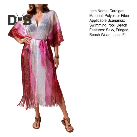 Женская пляжная одежда, прикрытие, свободный кардиган с бахромой и солнцезащитным кремом, контрастный цвет сетки, сексуальное бикини, прикрытие для пляжного отдыха у бассейна, загара