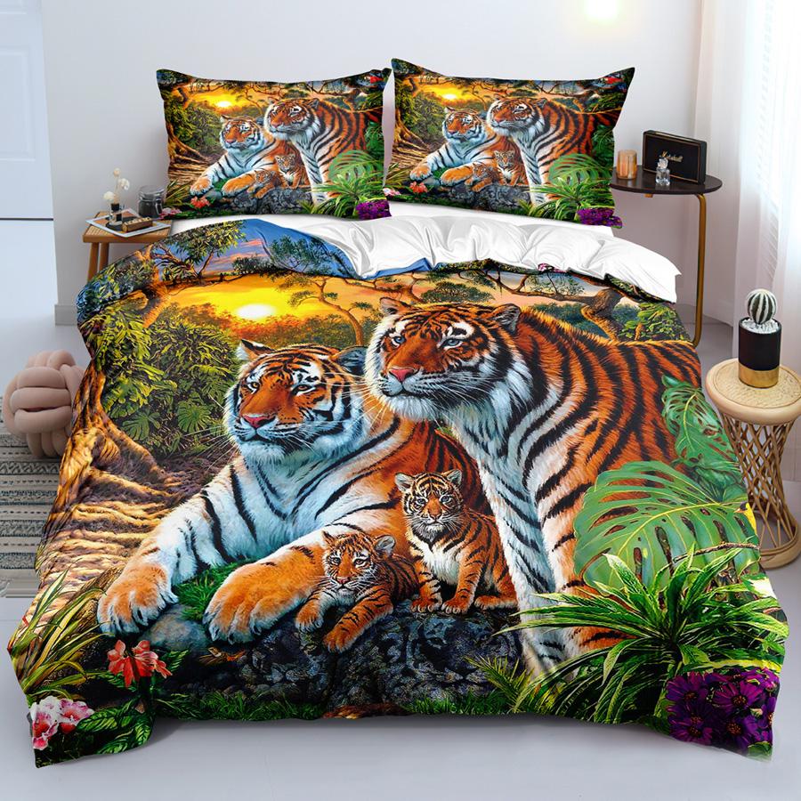 Lion Tiger King Queen Duvet Cover Lovely Wild Animals Bedding Set For Kids Teens Adults Wildlife Grey Black 2/3pcs Quilt Cover