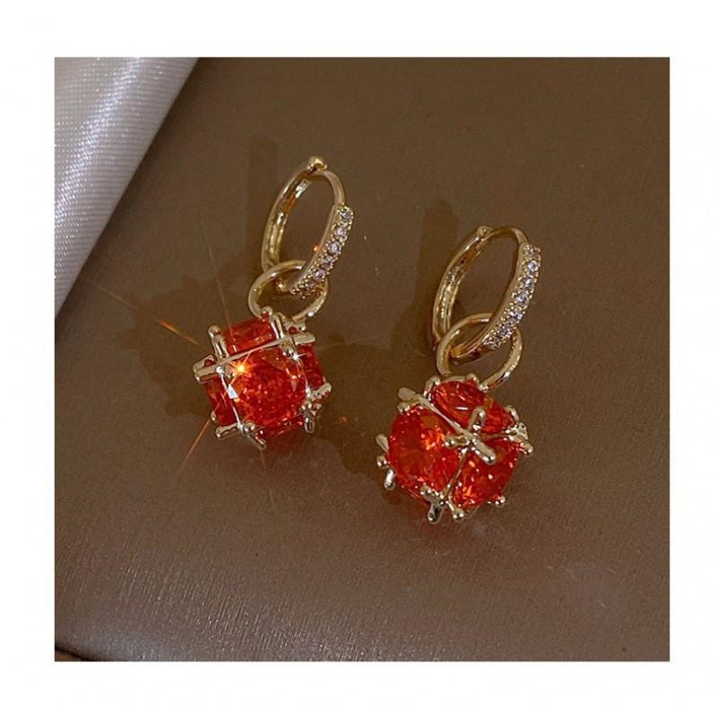 Sterling Garnet Stud Earrings Women Minimalist Geometric Design Gold Plated Fashion Jewelry