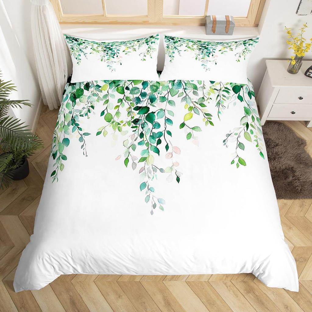 Sage Green Botanical Comforter Cover Eucalyptus Leaves Duvet Cover Spring Watercolor Plants Bedding Set Rustic Farmhouse Bed Set