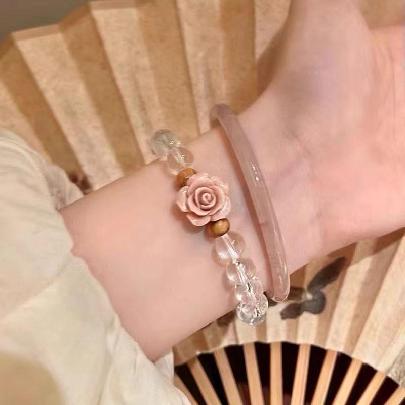 Elegant Chinese New Style Rose Flower Glass Beaded Bracelet For Women Handcrafted Vintage Luxury Jewelry
