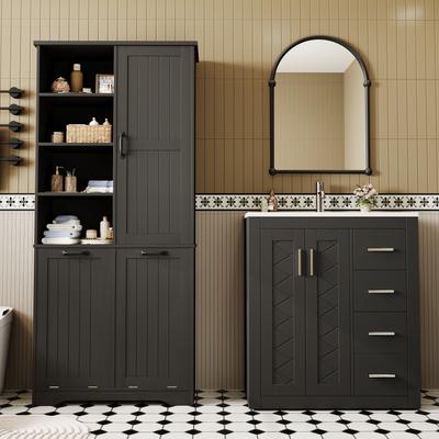 Bathroom Vanity Unit (76*46,5*85,5 Cm) + Storage Cabinet (78*35*172 Cm), Lacquered Finish, Integrated Ceramic Washbasin, Two Laundry Baskets, Black.