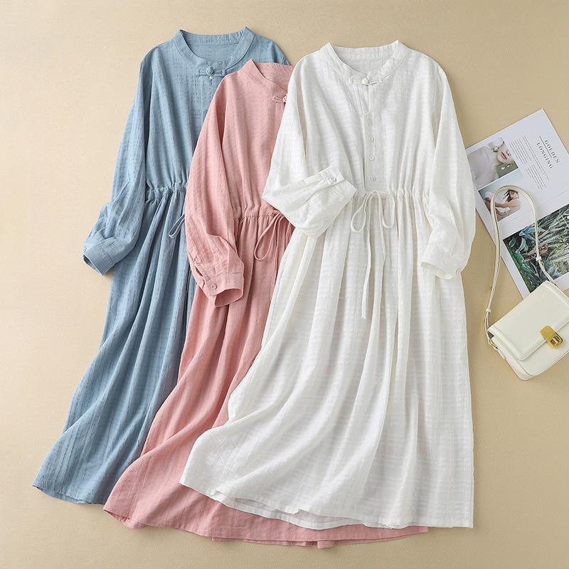 Осенняя мода Свободная женская одежда Высококачественное платье с текстурой хлопка и льна