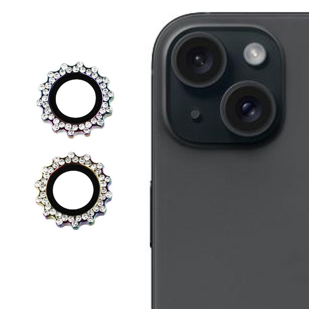 1Set For iPhone 15/15 Plus Camera Lens Protector Gear Shape Rhinestone Decor Tempered Glass Lens Film