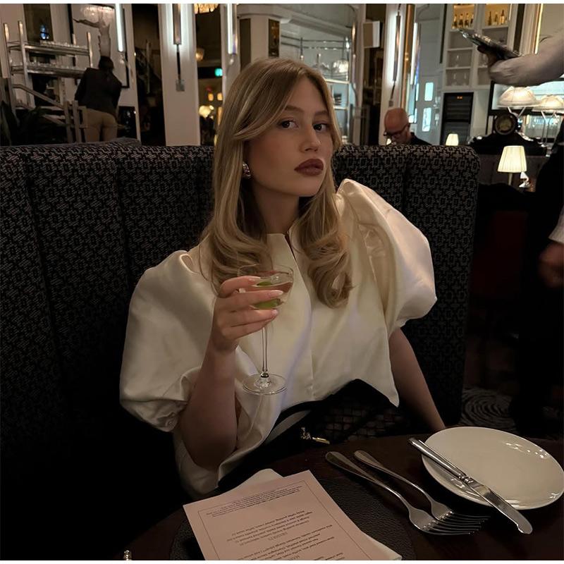 Women's Blouse Top with Puffe Sleeve Solid Satin Shirt New Spring Summer Female Sleeves O Neck Loose Short Shirt Female Blouses