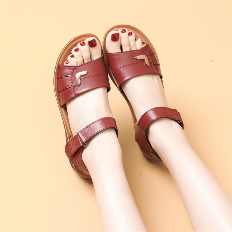 Первый слой коровьей кожи сандалии для мам женские летние туфли с плоской подошвой среднего возраста нескользящая мягкая подошва для пожилых людей среднего возраста бабушек пожилых людей